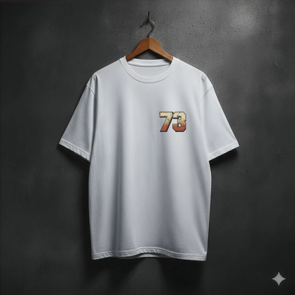 White t-shirt with number 73 front left chest