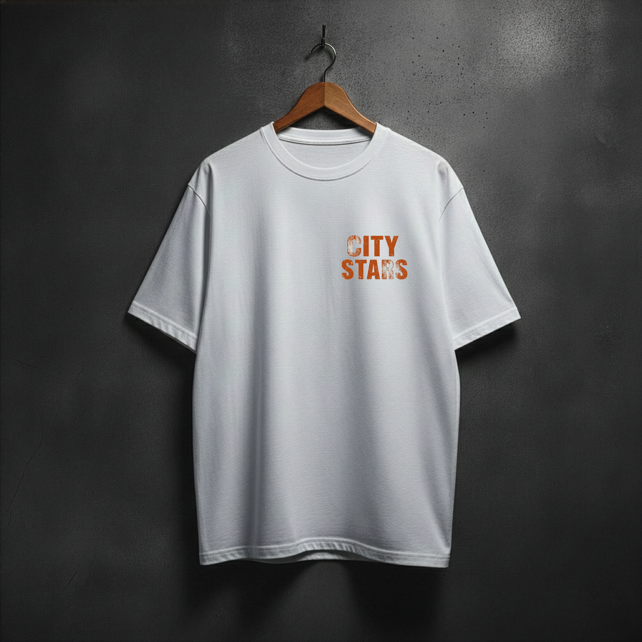 White t-shirt with CITY STARS text on the left chest