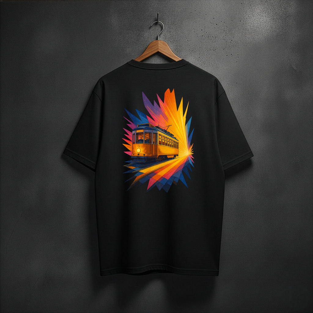 Black t-shirt with a colorful tram design on the back