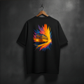 Black t-shirt with a colorful tram design on the back