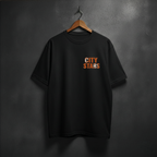 Black t-shirt with 'CITY STARS' text on the front left chest