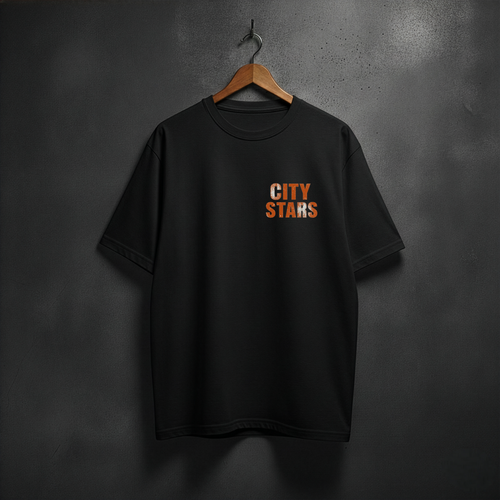 Black t-shirt with 'CITY STARS' text on the front left chest