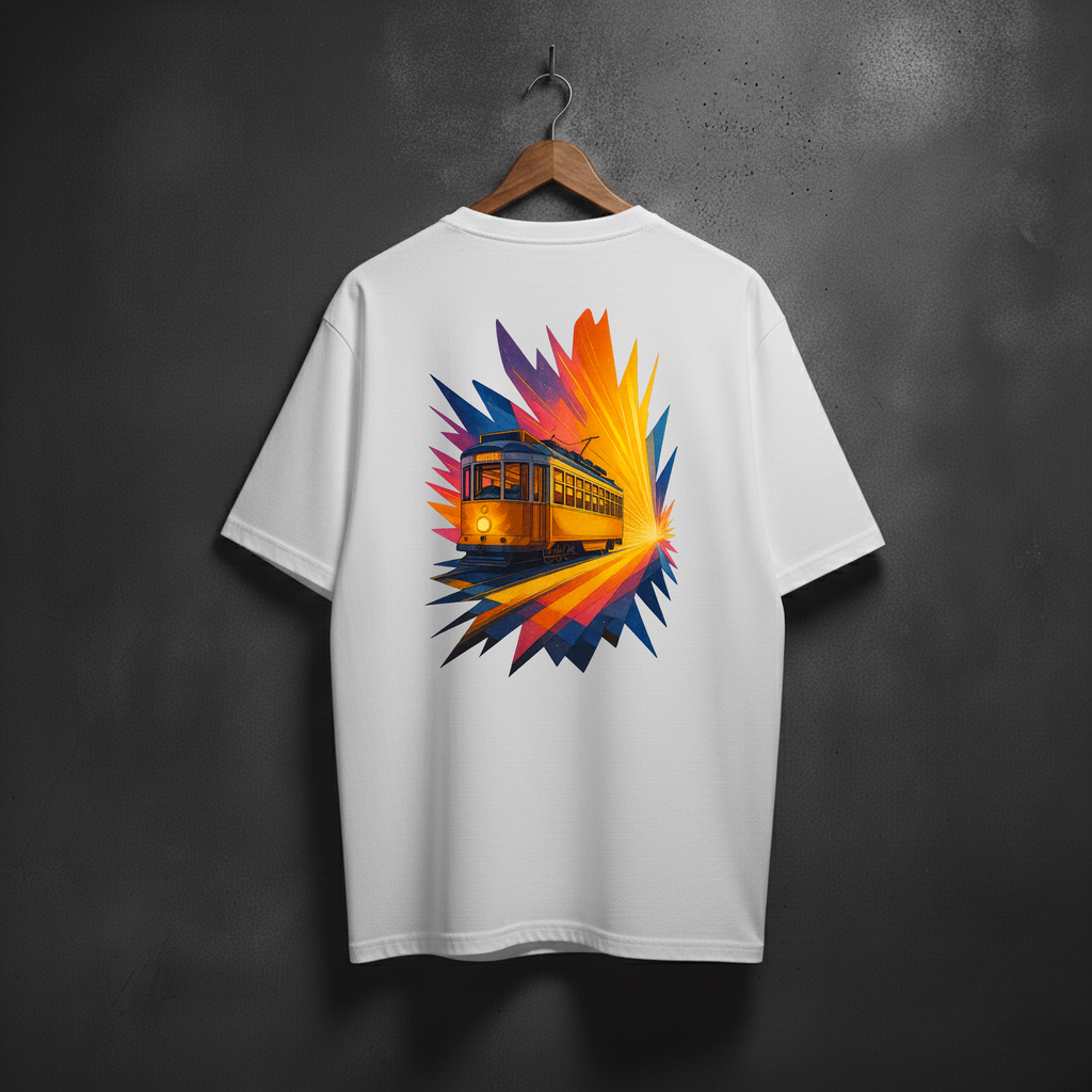 White t-shirt with a colorful graphic of a tram on the back