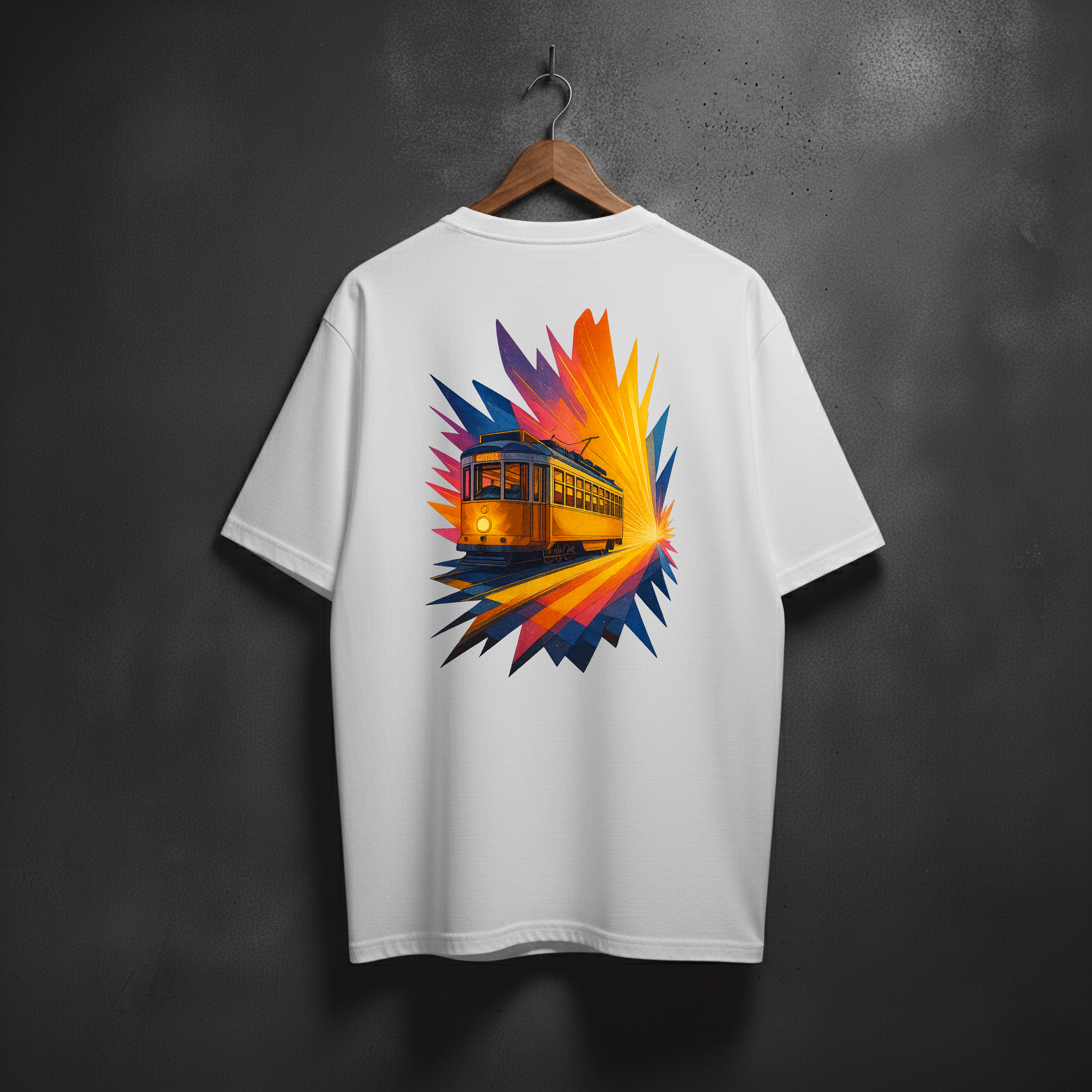 White t-shirt with a colorful graphic of a tram on the back