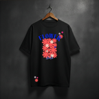 Black t-shirt with colorful floral design on a black tshirt