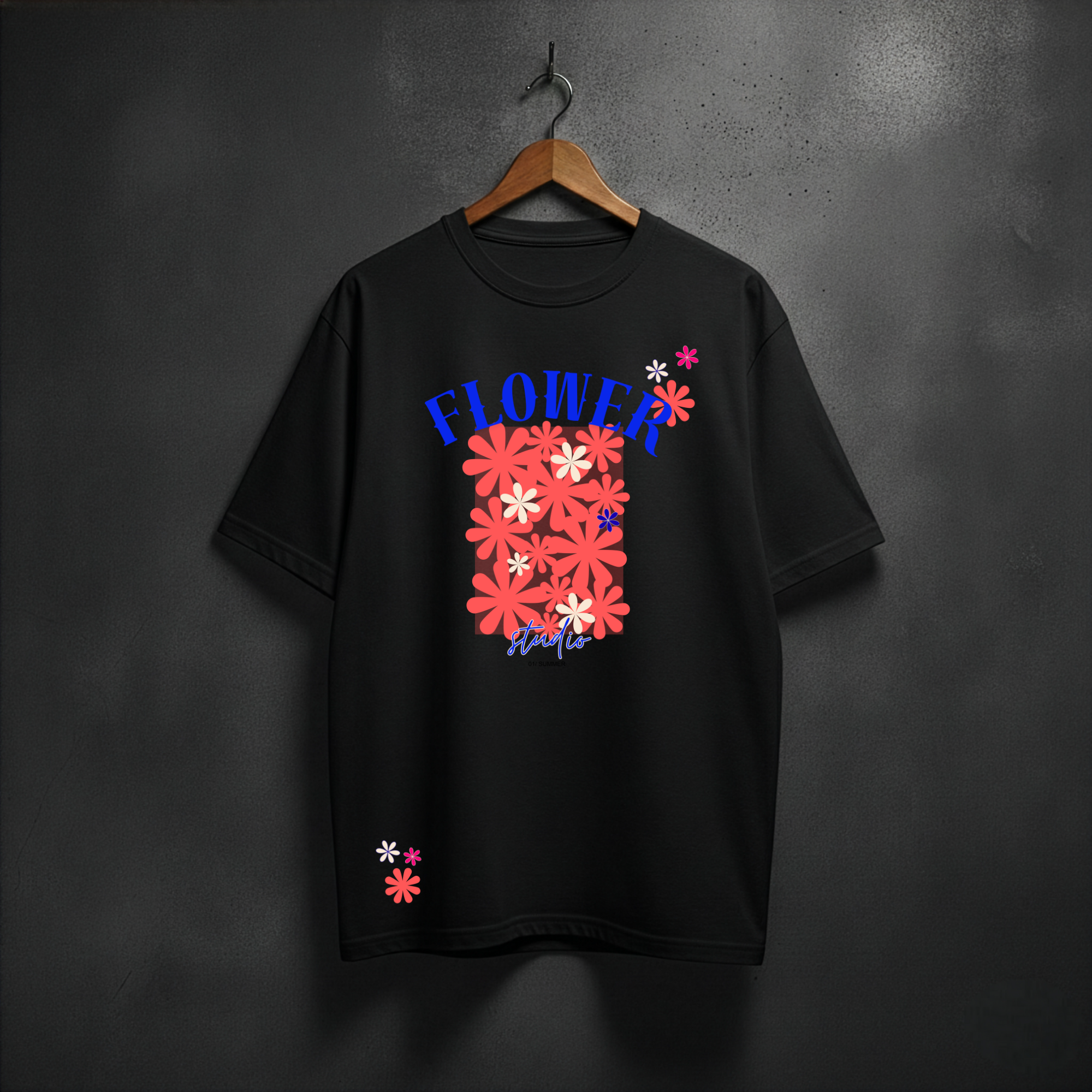Black t-shirt with colorful floral design on a black tshirt