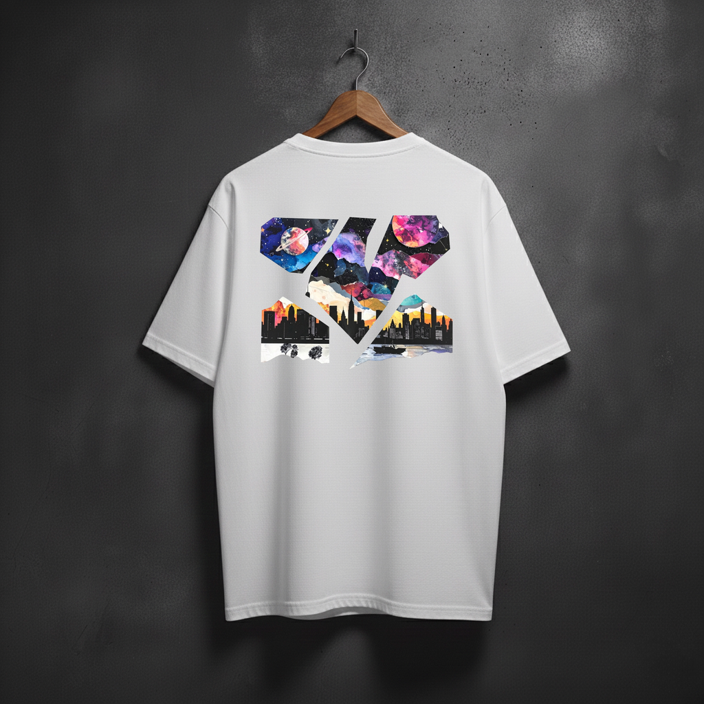 White t-shirt with colorful shattered horizon graphic on the back