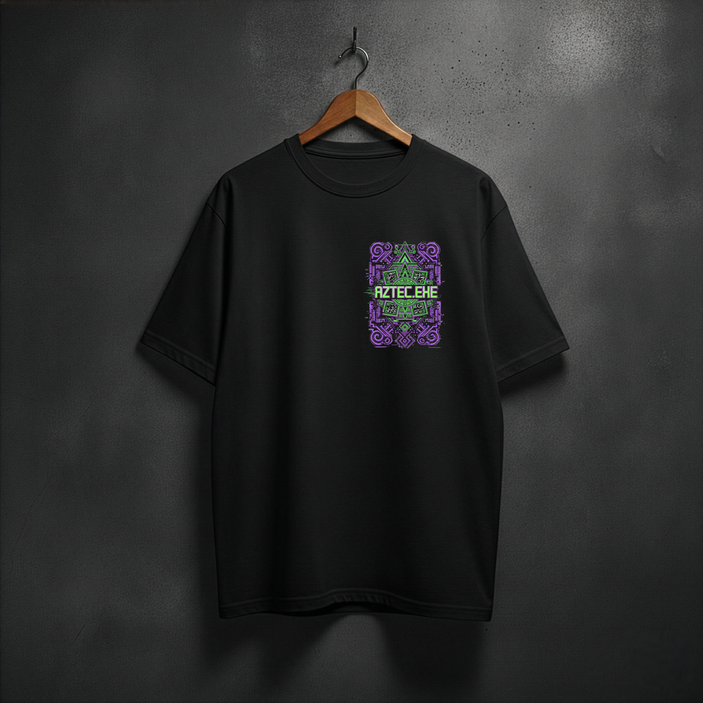 Black t-shirt with a colorful aztec.exe design on the front left chest