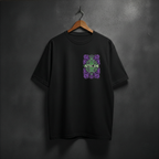 Black t-shirt with a colorful aztec.exe design on the front left chest