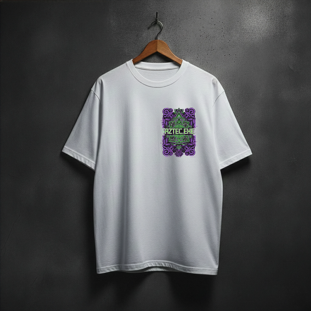 White t-shirt with a colorful aztec.exe design on the front left chest