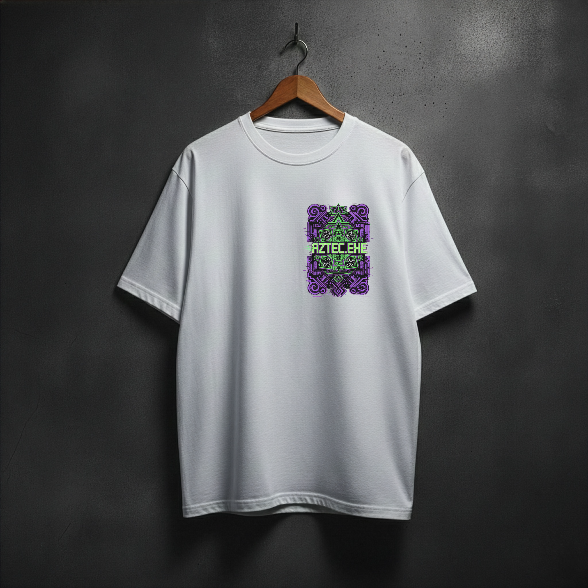 White t-shirt with a colorful aztec.exe design on the front left chest