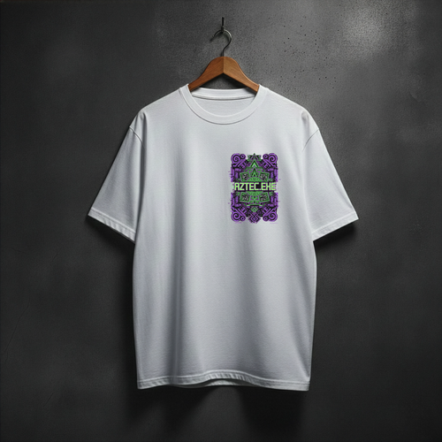 White t-shirt with a colorful aztec.exe design on the front left chest