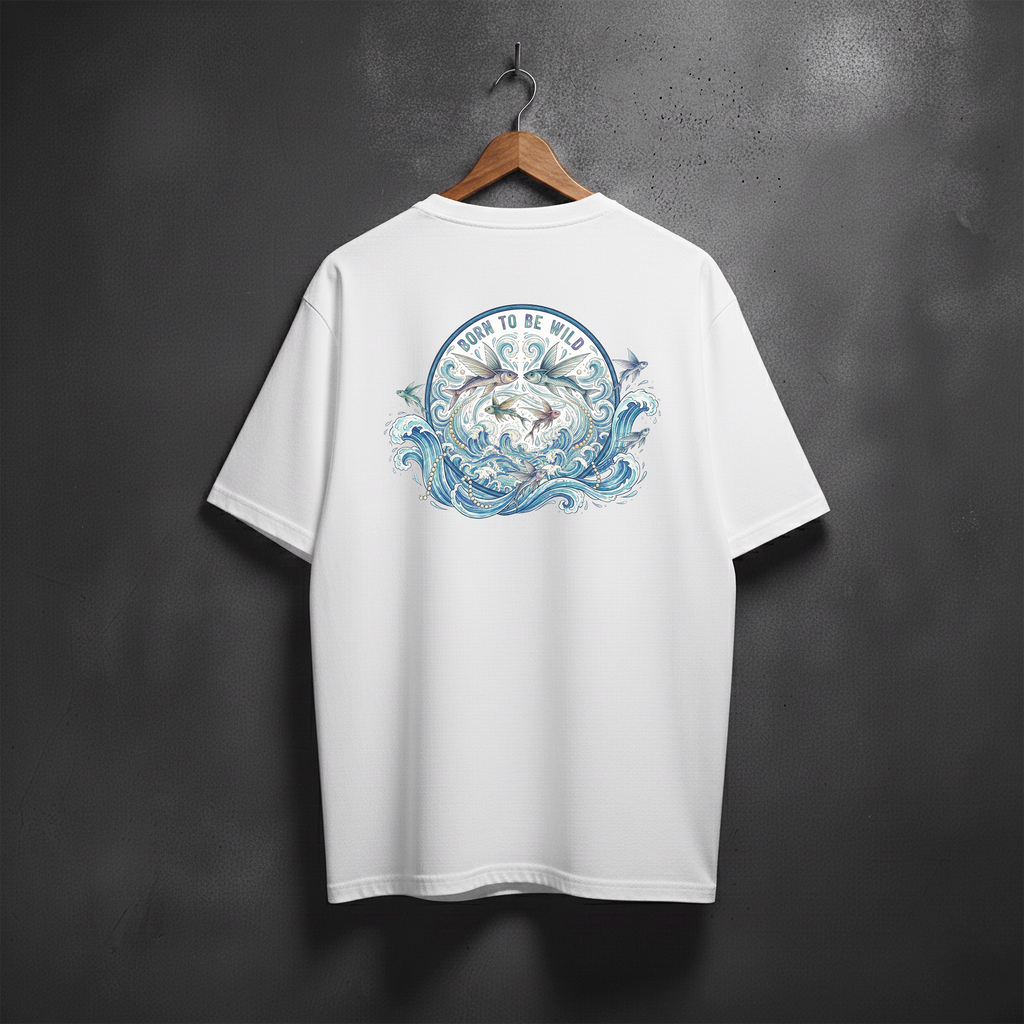 White t-shirt with a colorful  sea graphic design with text BORN TO BE WILD on the back