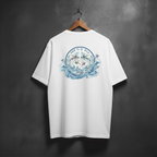 White t-shirt with a colorful  sea graphic design with text BORN TO BE WILD on the back