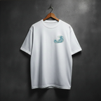 White t-shirt with a blue wave design on the front left chest