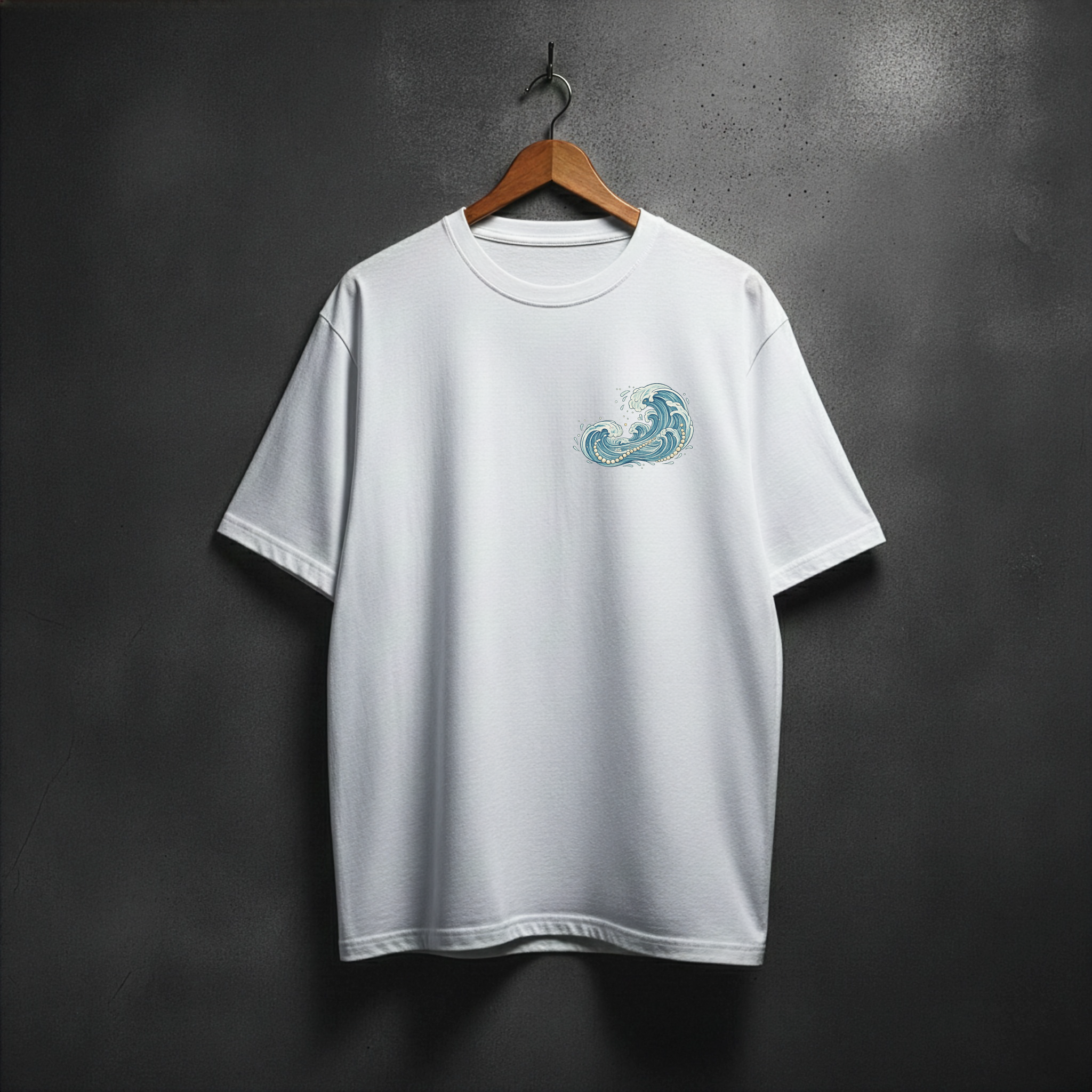 White t-shirt with a blue wave design on the front left chest