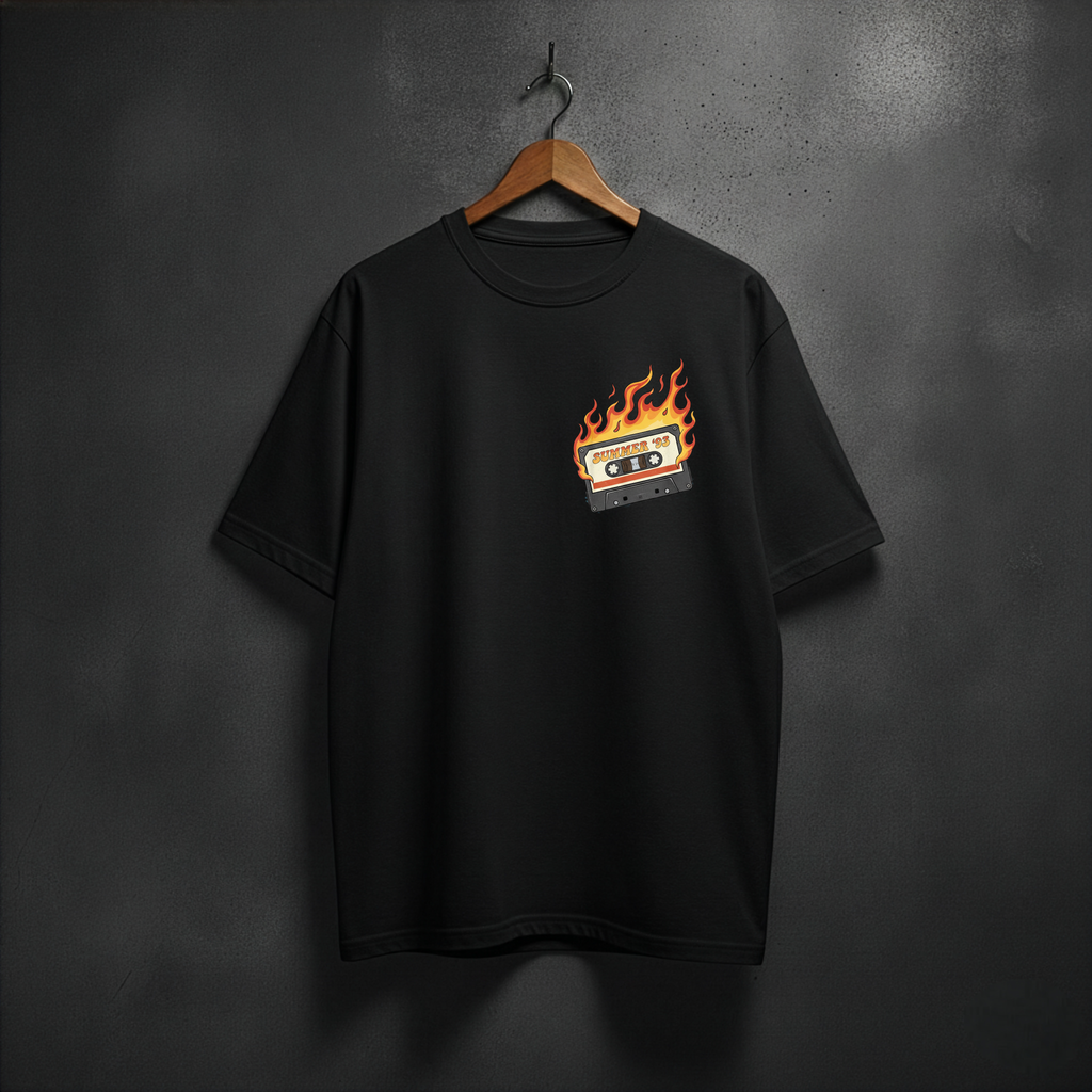 Black t-shirt with a fire-themed cassette design front left chest