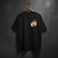 Black t-shirt with a fire-themed cassette design front left chest