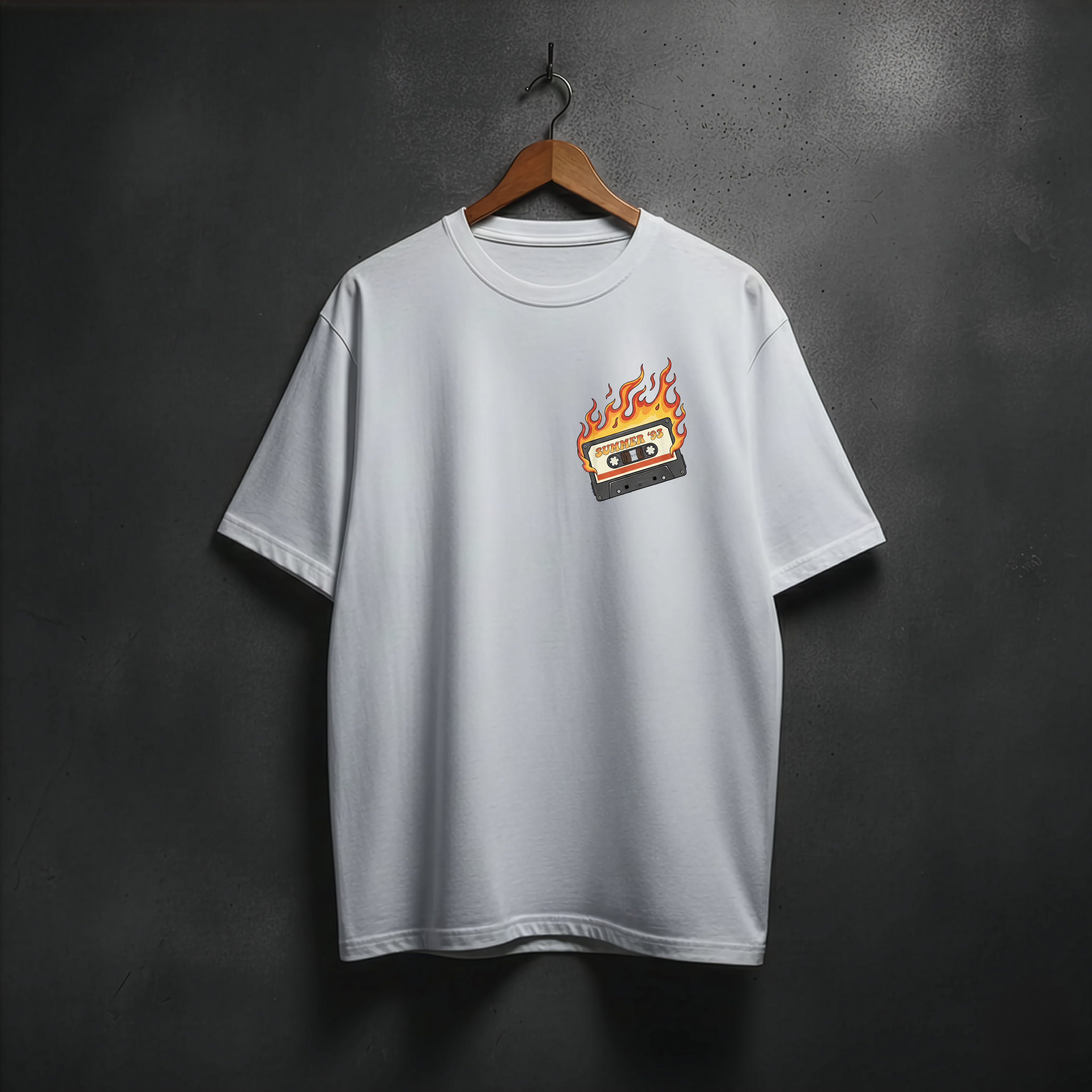 White t-shirt with a burning cassette front left chest