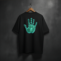 Black t-shirt with a digital handprint design on the back