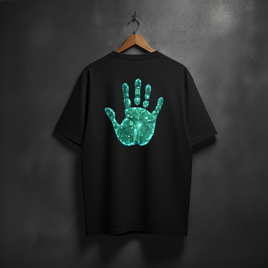 Black t-shirt with a digital handprint design on the back