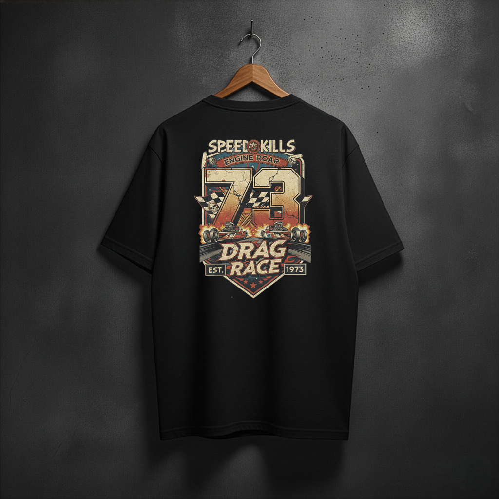 Black t-shirt with drag racing graphic back view