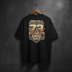 Black t-shirt with drag racing graphic back view