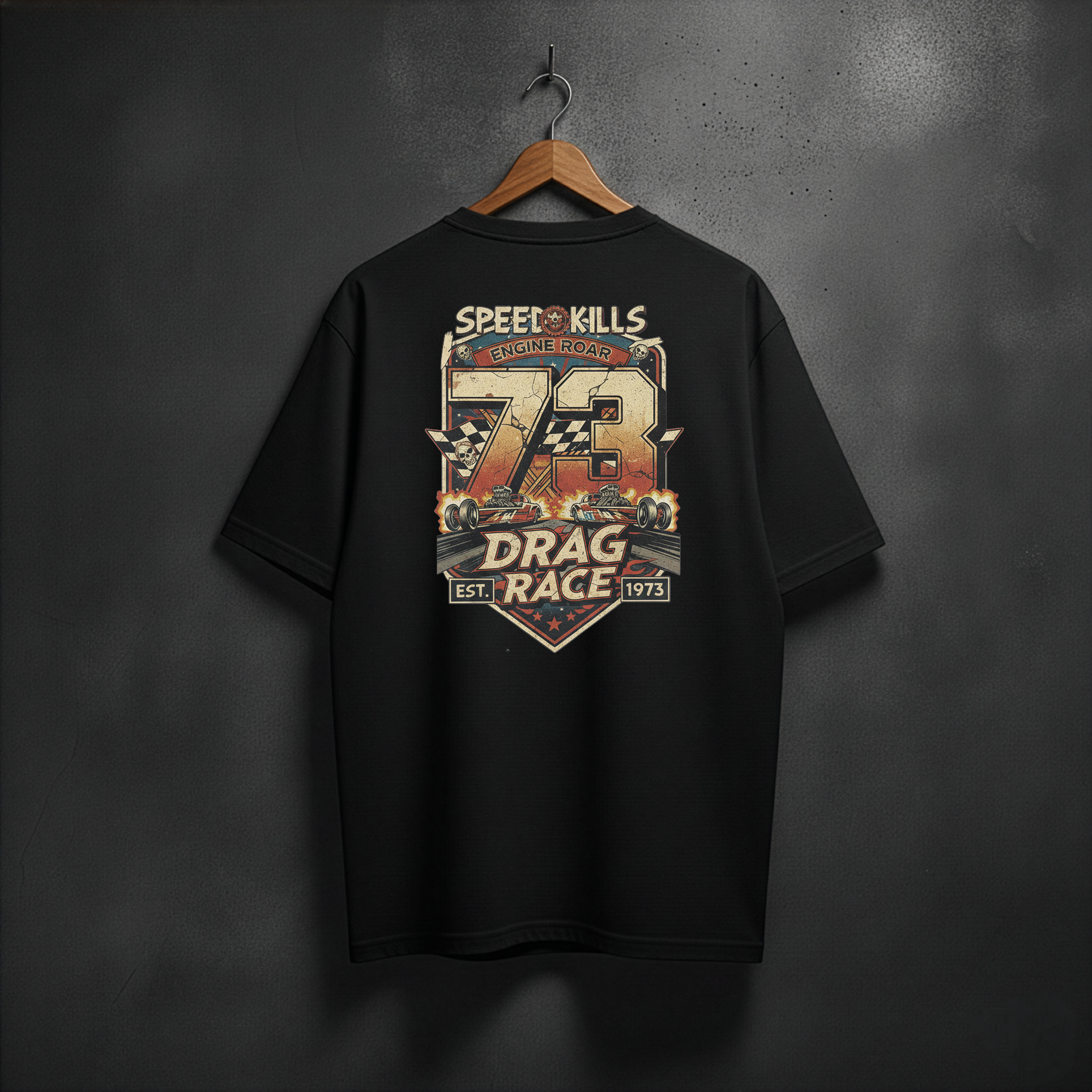 Black t-shirt with drag racing graphic back view