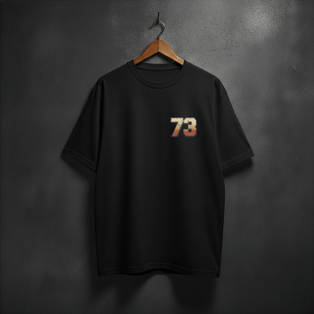 Black t-shirt with 73 logo front left chest