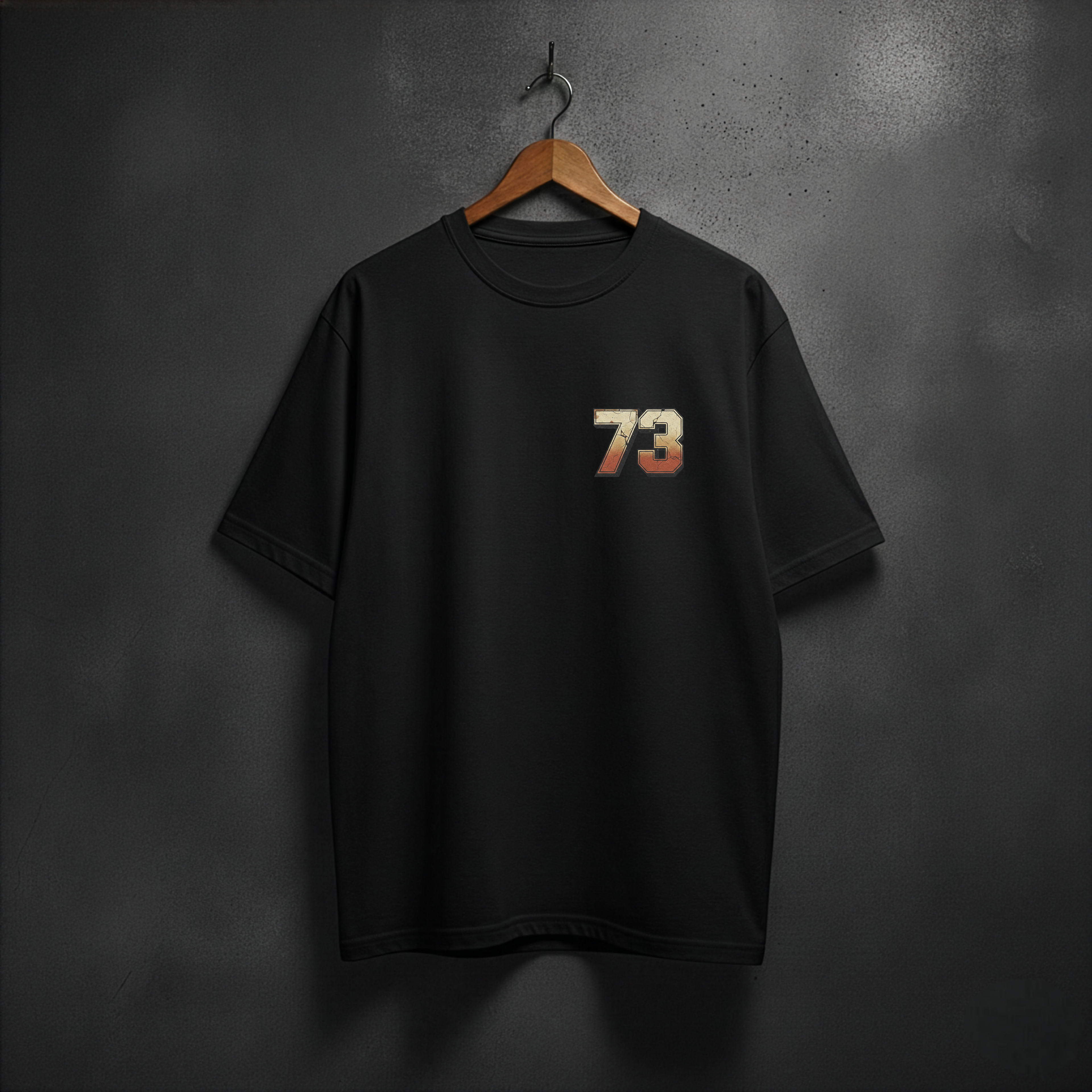 Black t-shirt with 73 logo front left chest