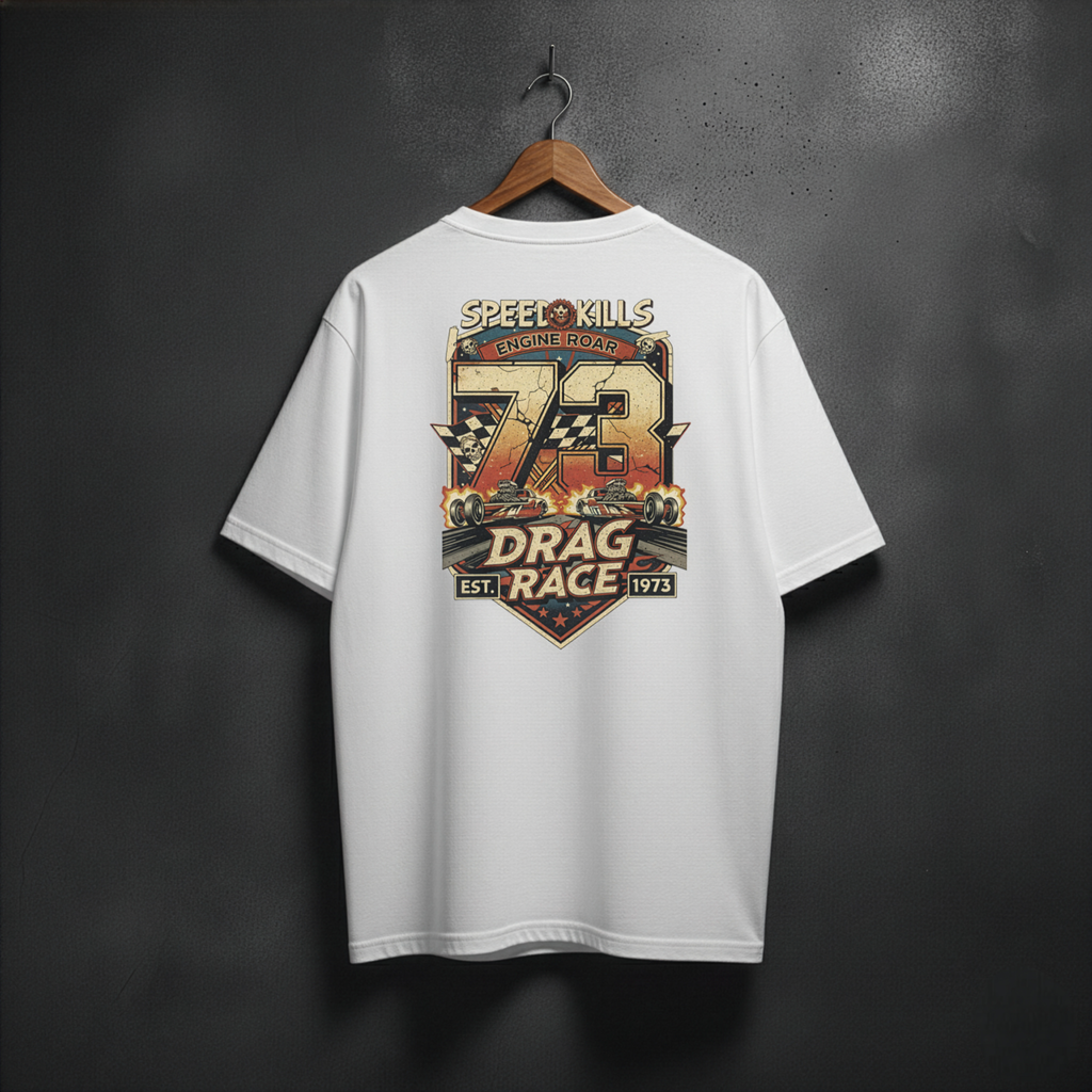White t-shirt with drag race graphic on the back