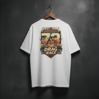 White t-shirt with drag race graphic on the back