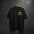 Black t-shirt with a colorful graphic and text endless summer heat front left chest