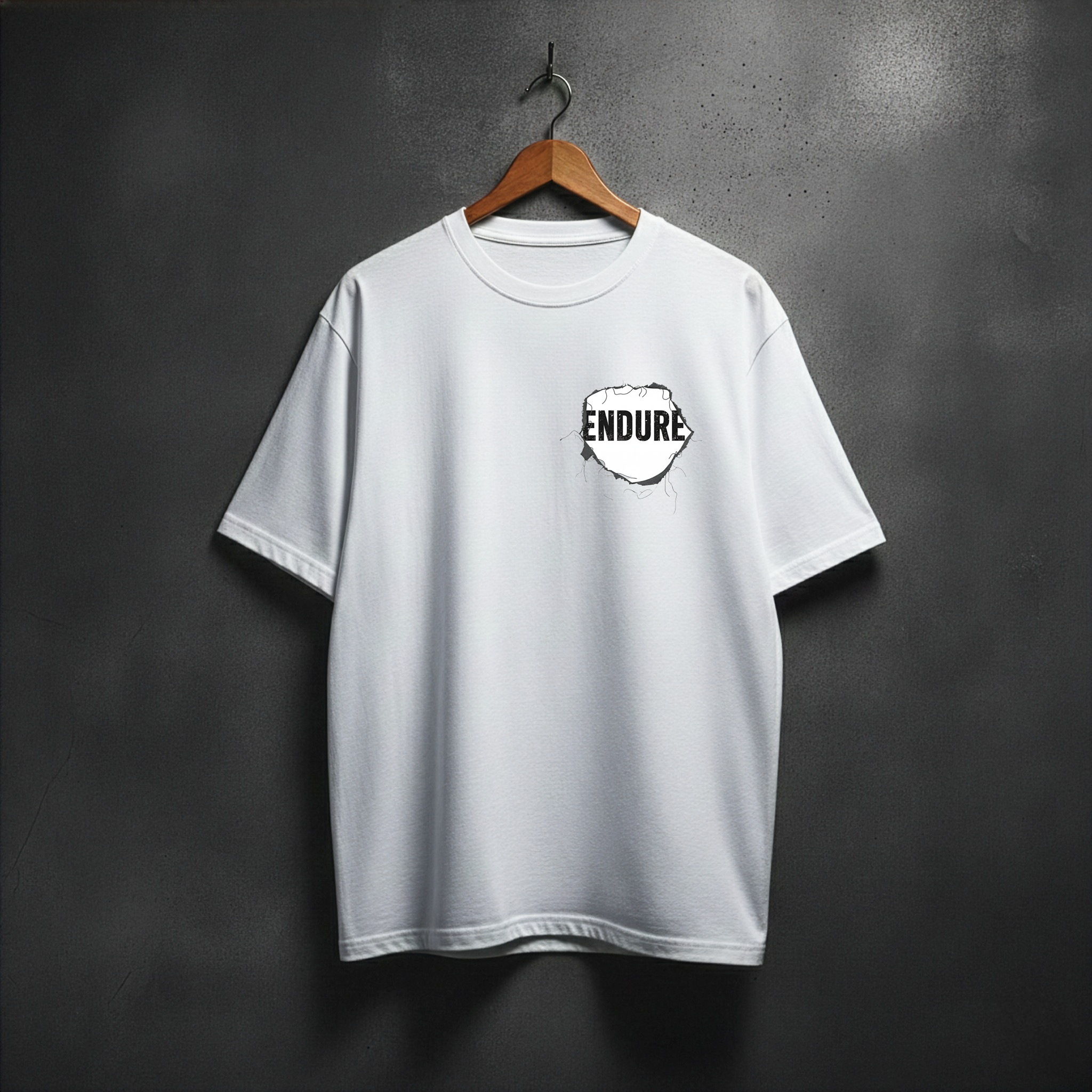 White t-shirt with 'ENDURE' patch on the left side chest