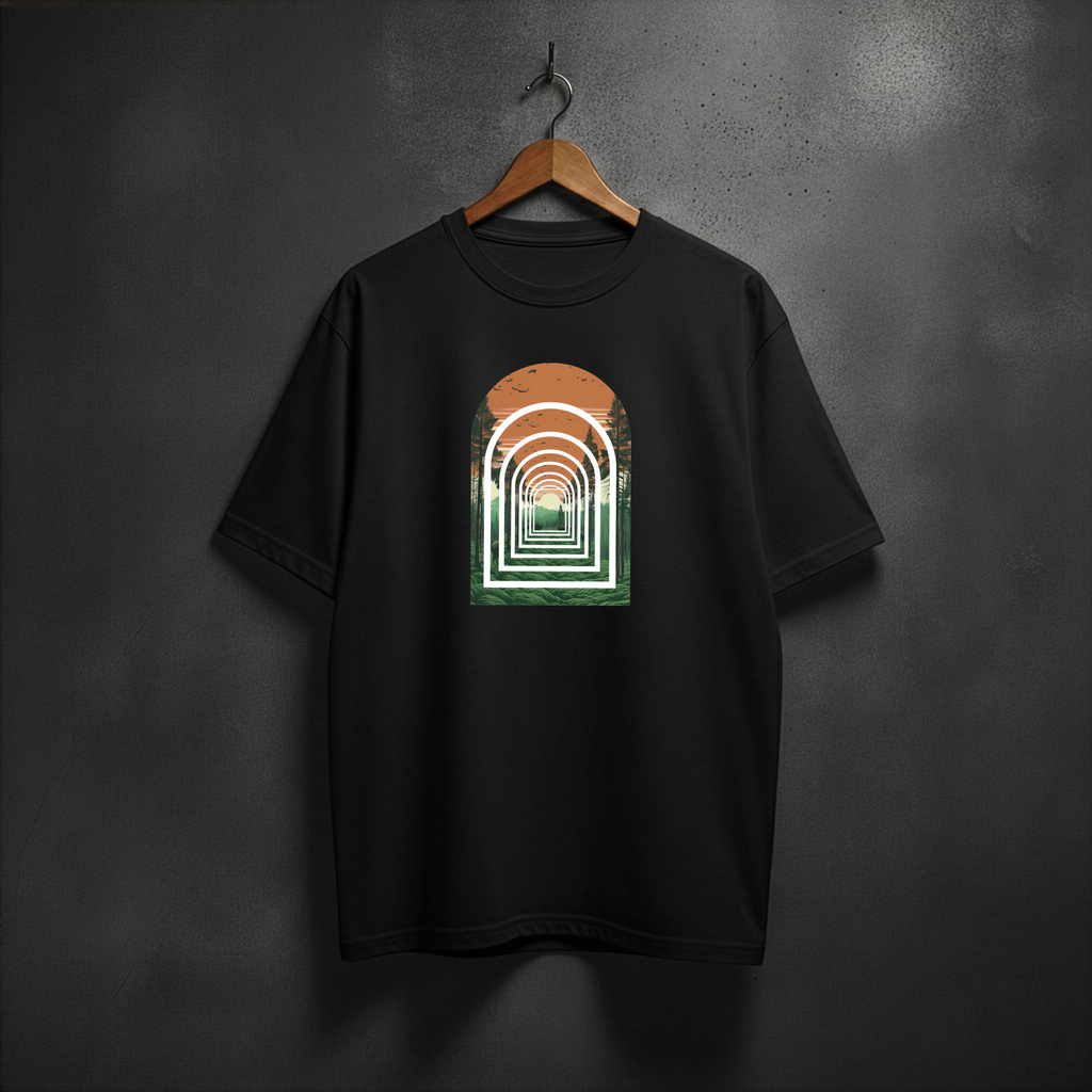 Black t-shirt with a graphic design of forest arch on the front