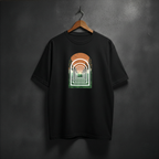 Black t-shirt with a graphic design of forest arch on the front