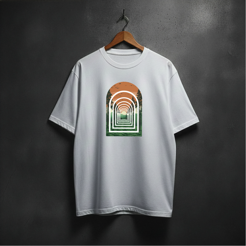 White t-shirt with a graphic of forest arch design on the front 
