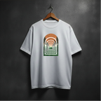 White t-shirt with a graphic of forest arch design on the front 
