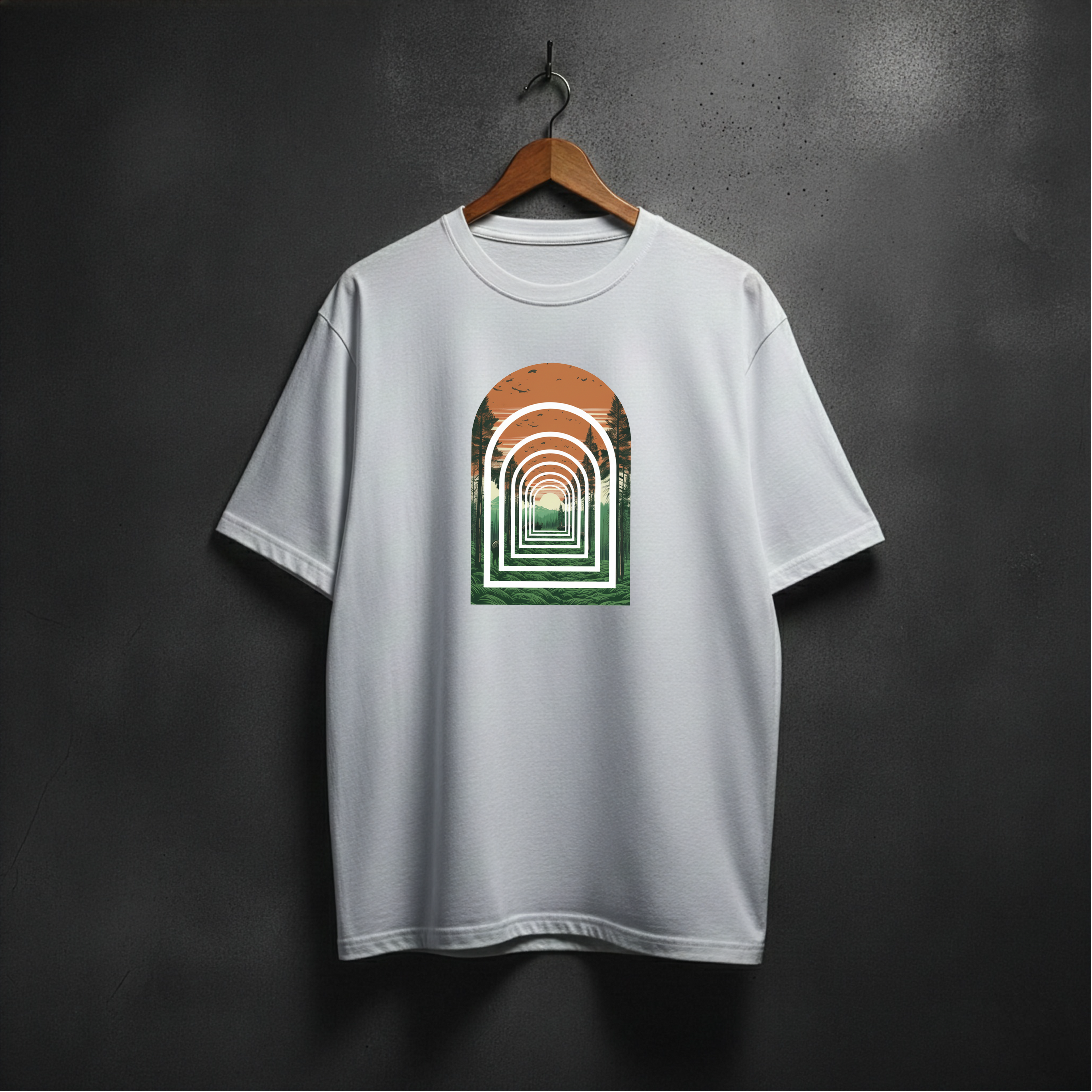 White t-shirt with a graphic of forest arch design on the front 