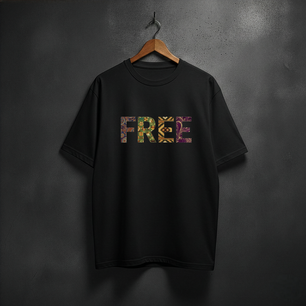 Black t-shirt with colorful 'FREE' text front chest