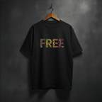 Black t-shirt with colorful 'FREE' text front chest