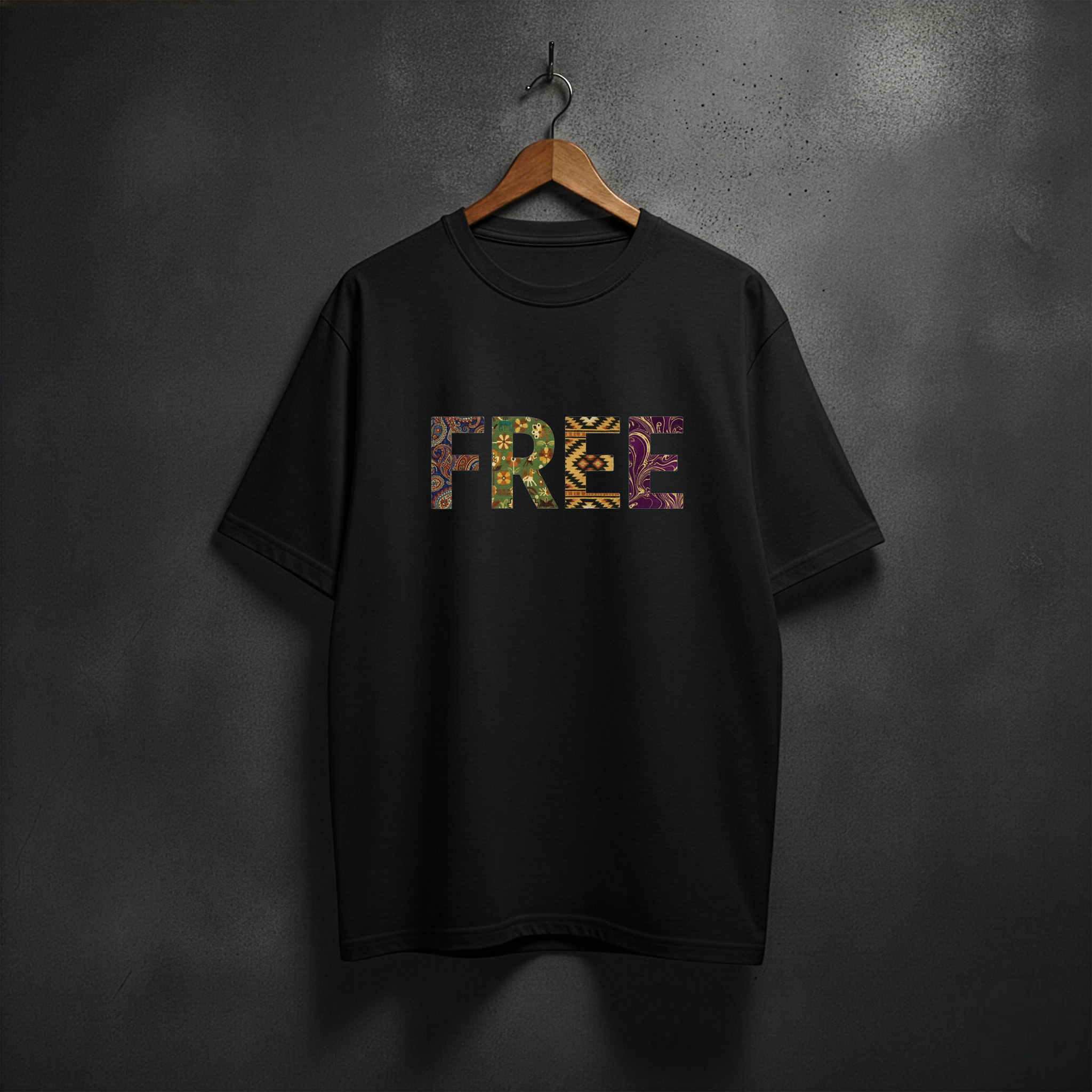 Black t-shirt with colorful 'FREE' text front chest