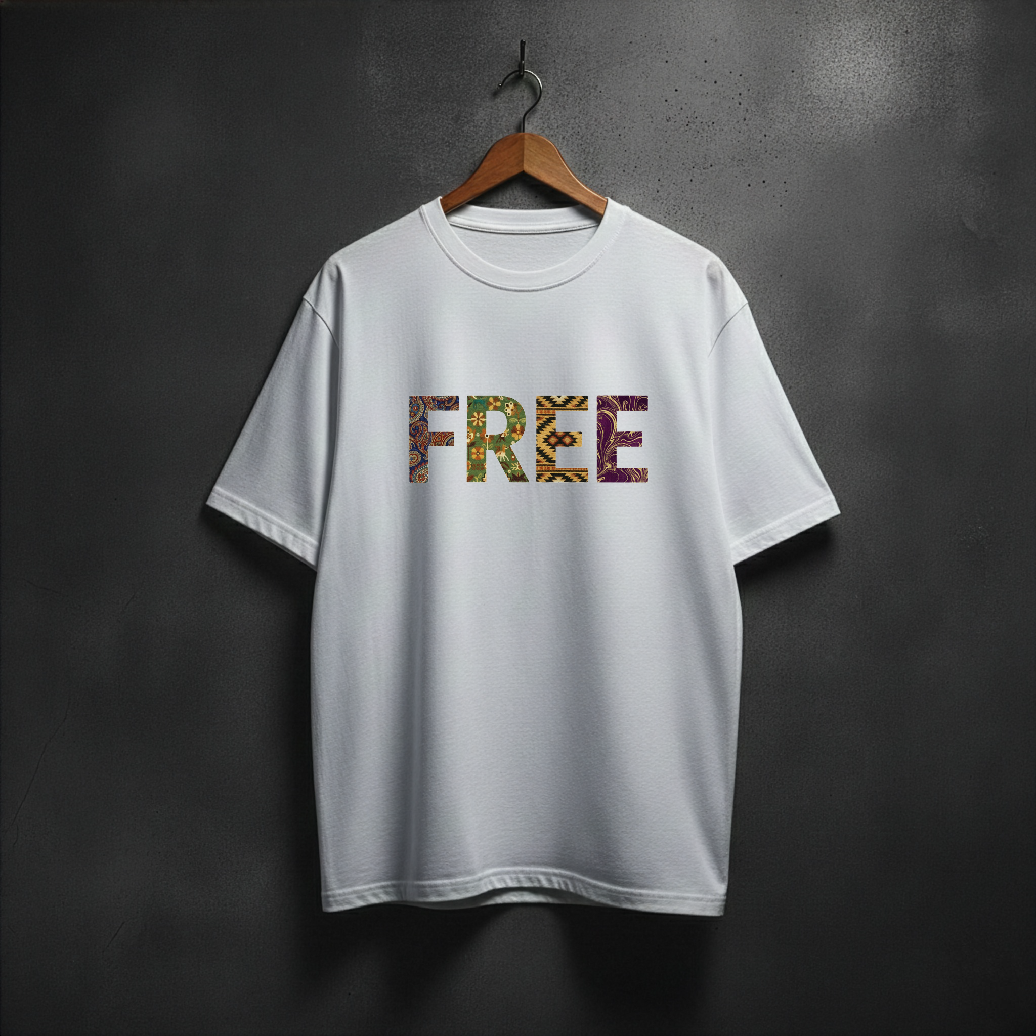 White t-shirt with colorful 'FREE' text front chest