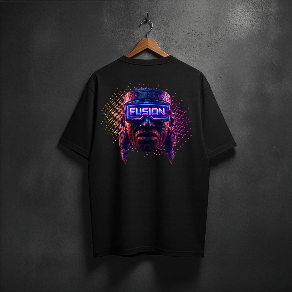 Black t-shirt with a colorful mask graphic design  on the back