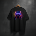 Black t-shirt with a colorful mask graphic design  on the back