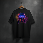 Black t-shirt with a colorful mask graphic design  on the back