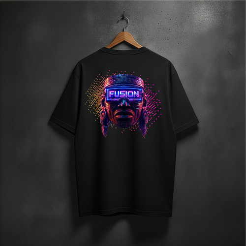 Black t-shirt with a colorful mask graphic design  on the back
