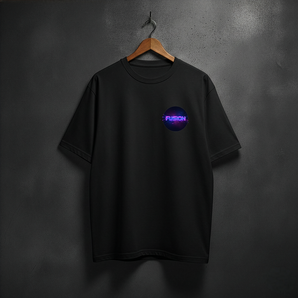 Black t-shirt with a colorful logo front left chest