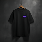 Black t-shirt with a colorful logo front left chest