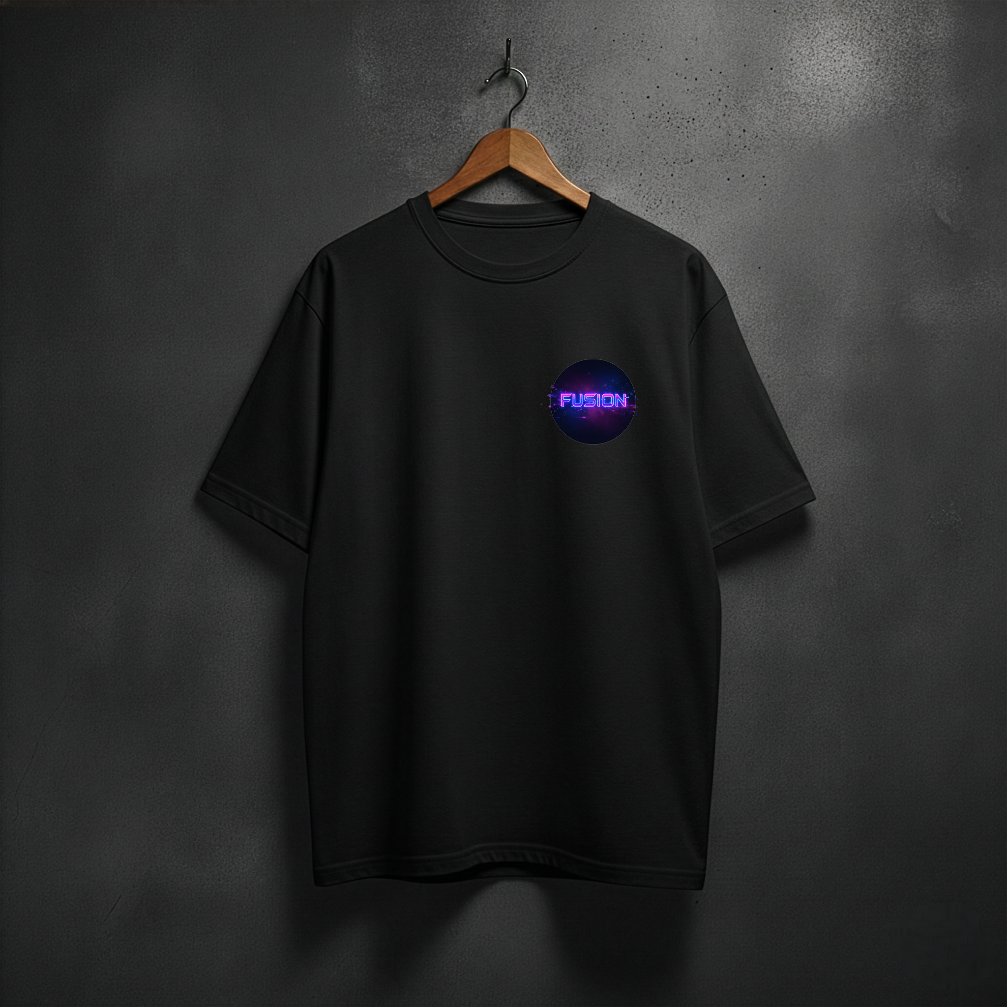 Black t-shirt with a colorful logo front left chest